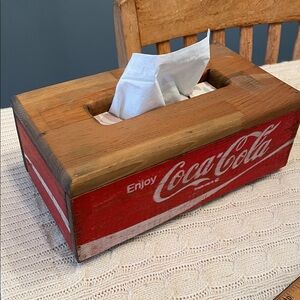VTG Wooden Coca Cola tissue box. Red painted graphic on long sides rectangular